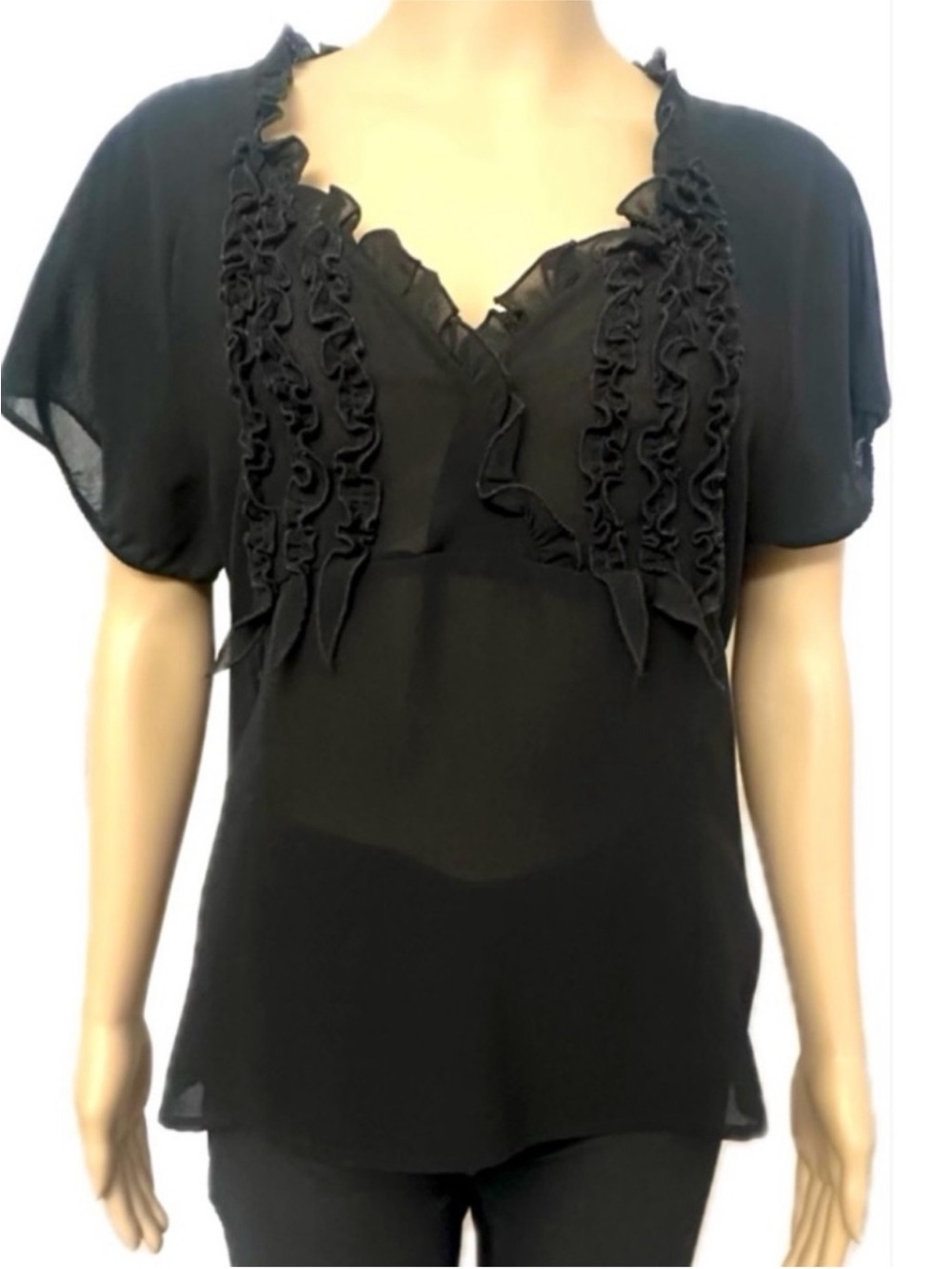 Oscar de la Renta Black Ruffle V-Neck Blouse